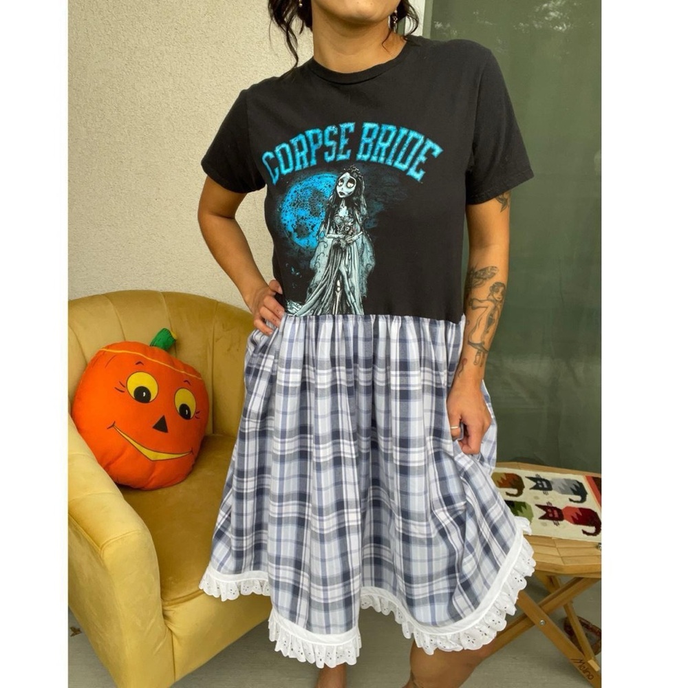 Corpse Bride Upcycled Movie Tee Shirt Plaid Lace Dress